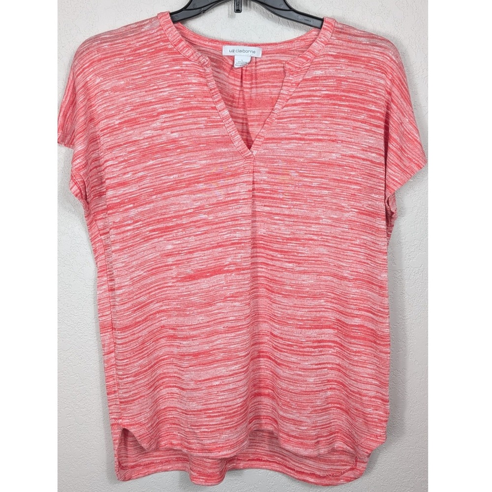 Liz Claiborne V-Neck‎ Top Women Large Red Space Dye Short Sleeve Dolman